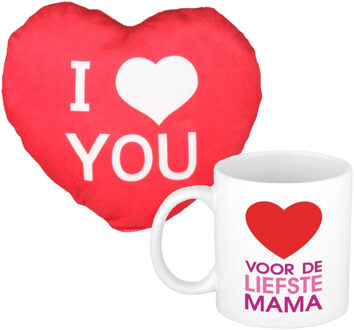 Bellatio Decorations Voor de liefste mama mok/beker 300 ml incl. sierkussentje hart vorm 15 cm - feest mokken Roze