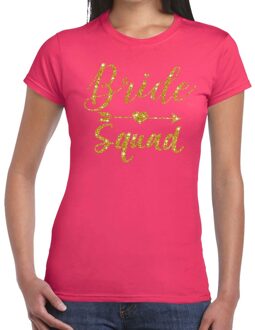 Bellatio Decorations Vrijgezellenfeest Bride Squad gouden letters t-shirt roze voor dames 2XL - Feestshirts