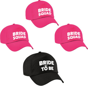Bellatio Decorations Vrijgezellenfeest dames petjes pakket - 1x Bride to Be zwart + 9x Bride Squad roze