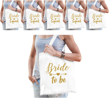 Bellatio Decorations Vrijgezellenfeest dames tasjes/ goodiebag pakket: 1x Bride to Be wit+ 9x Bride Squad wit