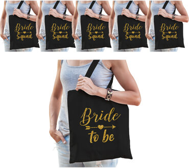 Bellatio Decorations Vrijgezellenfeest dames tasjes/ goodiebag pakket: 1x Bride to Be zwart goud+ 7x Bride Squad zwart go