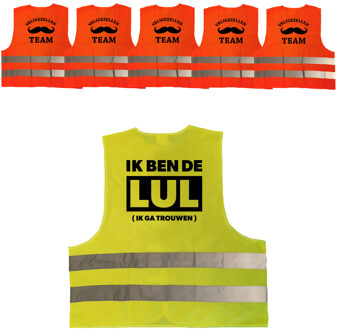 Bellatio Decorations Vrijgezellenfeest heren hesjes pakket: 1x Ik ben de Lul geel + 5x Vrijgezellen team hesje oranje