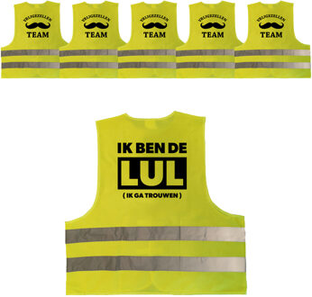 Bellatio Decorations Vrijgezellenfeest heren hesjes pakket: 1x Ik ben de Lul hesje geel + 5x Vrijgezellen team hesje geel
