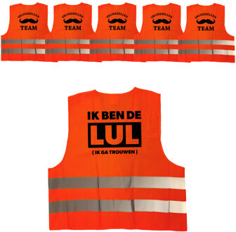 Bellatio Decorations Vrijgezellenfeest heren hesjes pakket: 1x Ik ben de Lul oranje + 5x Vrijgezellen team hesje oranje
