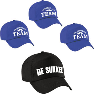 Bellatio Decorations Vrijgezellenfeest heren petjes pakket - 1x De Sukkel zwart + 7x Vrijgezellen team blauw