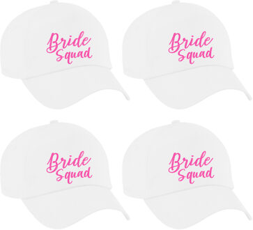 Bellatio Decorations Vrijgezellenfeest pet voor dames - 4x - Bride Squad - wit - roze glitters - bruiloft/trouwen