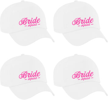 Bellatio Decorations Vrijgezellenfeest pet voor dames - 4x - Bride Squad - wit - roze glitters - bruiloft/trouwen
