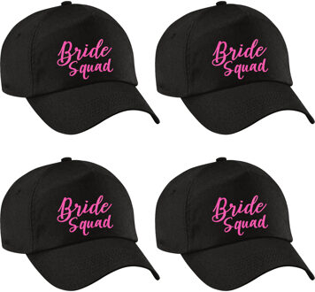 Bellatio Decorations Vrijgezellenfeest pet voor dames - 4x - Bride Squad - zwart - roze glitters - bruiloft/trouwen