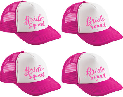 Bellatio Decorations Vrijgezellenfeest pet voor dames - 4x - roze/wit - Bride Squad - vrijgezellenfeest - trouwen/bruilof