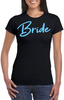 Bellatio Decorations Vrijgezellenfeest T-shirt dames - Bride - zwart - glitter blauw - bruiloft XS