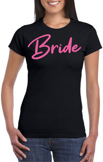 Bellatio Decorations Vrijgezellenfeest T-shirt dames - Bride - zwart - glitter roze - bruiloft XS