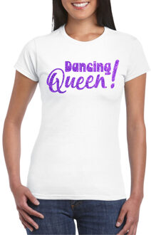 Bellatio Decorations Vrijgezellenfeest t-shirt dames - Dancing Queen - wit - paarse glitter - foute party 2XL