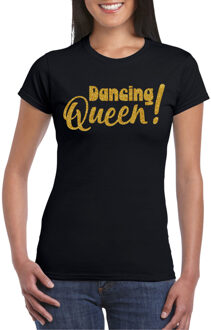 Bellatio Decorations Vrijgezellenfeest t-shirt dames - Dancing Queen - zwart - gouden glitter - foute party Goudkleurig