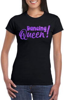 Bellatio Decorations Vrijgezellenfeest t-shirt dames - Dancing Queen - zwart - paarse glitter - foute party