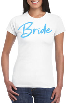 Bellatio Decorations Vrijgezellenfeest T-shirt voor dames - Bride - wit - glitter blauw - bruiloft/trouwen S