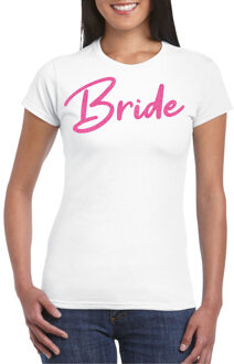 Bellatio Decorations Vrijgezellenfeest T-shirt voor dames - Bride - wit - glitter roze - bruiloft/trouwen L