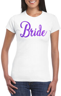 Bellatio Decorations Vrijgezellenfeest T-shirt voor dames - bride - wit - paarse glitter - bruiloft/trouwen M