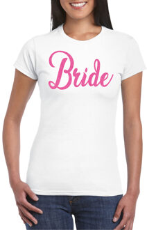 Bellatio Decorations Vrijgezellenfeest T-shirt voor dames - bride - wit - roze glitter - bruiloft/trouwen L