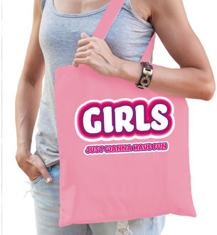 Bellatio Decorations Vrijgezellenfeest tas - katoen - 42 x 38 cm - lichtroze - Girls Just Wanna Have Fun