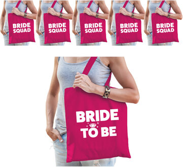 Bellatio Decorations Vrijgezellenfeest vrouw katoenen tasjes pakket - 1x Bride to Be roze + 5x Bride Squad roze