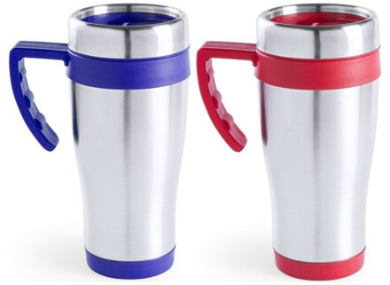 Bellatio Decorations Warmhoudbekers - 2x stuks - 500 ml - rood/blauw - Isoleerbekers - 18 cm - Koffie to go