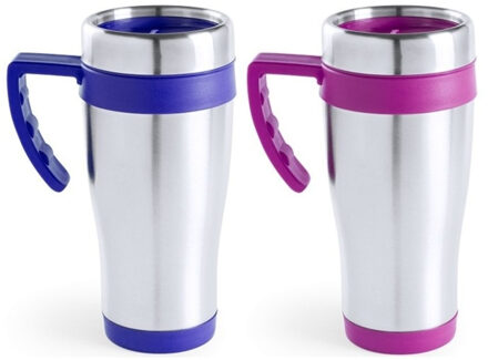 Bellatio Decorations Warmhoudbekers - 2x stuks - 500 ml - roze/blauw - Isoleerbekers - 18 cm - Koffie to go