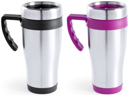 Bellatio Decorations Warmhoudbekers - 2x stuks - 500 ml - roze/zwart - Isoleerbekers - 18 cm - Koffie to go