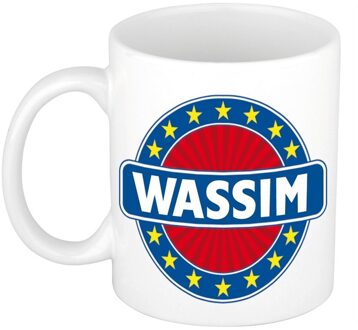 Bellatio Decorations Wassim voornaam koffiemok - beker - wit/blauw - 300 ml - Cadeau - Heren - Collega - Vaderdag