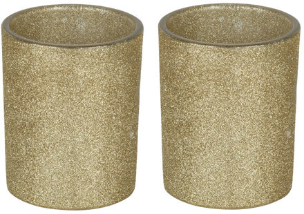 Bellatio decorations Waxinelichtjeshouder - 2x - goud glitters - 8 x 10 cm - Kaarsenhouders