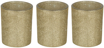 Bellatio decorations Waxinelichtjeshouder - 3x - goud glitters - 8 x 10 cm - Kaarsenhouders
