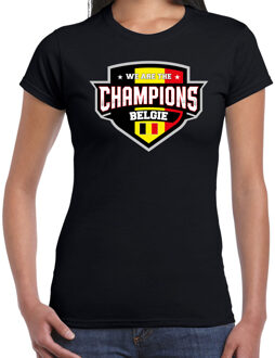 Bellatio Decorations We are the champions Belgie t-shirt met schild embleem in de kleuren van de Belgische vlag - zwart - dames - Belgie supporter / Belgsich elftal fan shirt / EK / WK / kleding S
