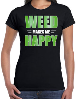 Bellatio Decorations Weed makes me happy / Wiet maakt me gelukkig t-shirt zwart voor dames - themafeest / outfit L
