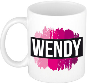 Bellatio Decorations Wendy naam cadeau koffie mok - beker - met roze verfstrepen - Cadeau collega - moederdag