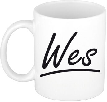 Bellatio Decorations Wes Naam koffiemok - beker - met sierlijke letters - wit - 300 ml - Cadeau - Heren
