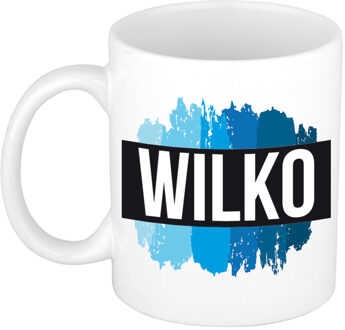 Bellatio Decorations Wilko naam cadeau koffie mok - beker - met blauw verfstrepen - Cadeau collega - vaderdag