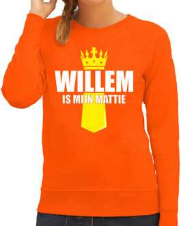 Bellatio Decorations Willem is mijn mattie met kroontje Koningsdag sweater / trui oranje voor dames M