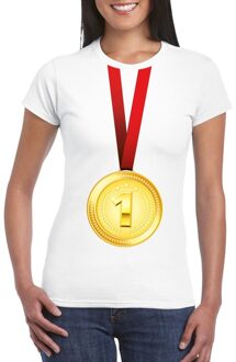 Bellatio Decorations Winnaar gouden medaille shirt wit dames M - Feestshirts