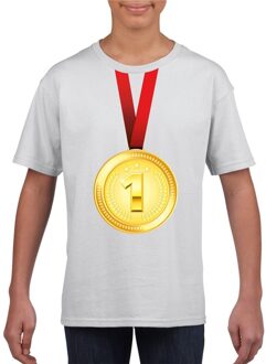 Bellatio Decorations Winnaar gouden medaille shirt wit kinderen S (122-128) - Feestshirts
