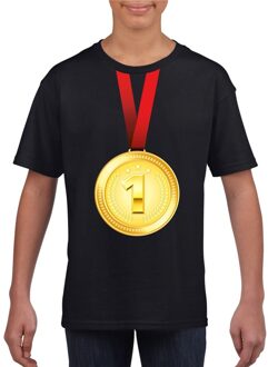 Bellatio Decorations Winnaar gouden medaille shirt zwart kinderen L (146-152) - Feestshirts