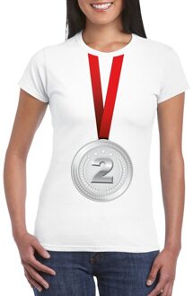 Bellatio Decorations Winnaar zilveren medaille shirt wit dames S - Feestshirts