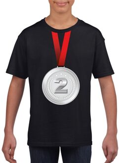 Bellatio Decorations Winnaar zilveren medaille shirt zwart kinderen XS (110-116) - Feestshirts