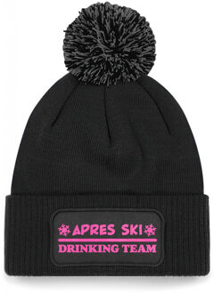 Bellatio Decorations Wintersport muts met pompom - Drinking Team - zwart - glitters - one size - volwassenen - Apres ski One size