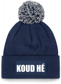Bellatio Decorations Wintersport muts met pompom - koud he - navy blauw - one size - unisex - Apres ski beanie One size