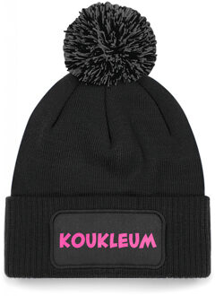 Bellatio Decorations Wintersport muts met pompom - Koukleum - zwart - roze glitters - one size - volwassenen - Apres ski One size