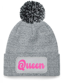 Bellatio Decorations Wintersport muts met pompom - Queen - grijs - roze glitters - one size - volwassenen - Apres ski