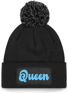 Bellatio Decorations Wintersport muts met pompom - Queen - zwart - blauwe glitters - one size - volwassenen - Apres ski One size