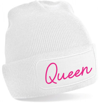 Bellatio Decorations Wintersport muts voor dames - Queen - wit - one size - volwassenen - Apres ski beanie