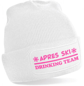 Bellatio Decorations Wintersport muts voor volwassenen - Drinking Team - wit - roze glitter - one size - Apres ski beanie