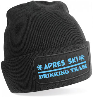 Bellatio Decorations Wintersport muts voor volwassenen - Drinking Team - zwart - blauwe glitter - one size - Apres ski One size