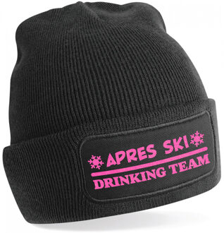 Bellatio Decorations Wintersport muts voor volwassenen - Drinking Team - zwart - roze glitter - one size - Apres ski One size